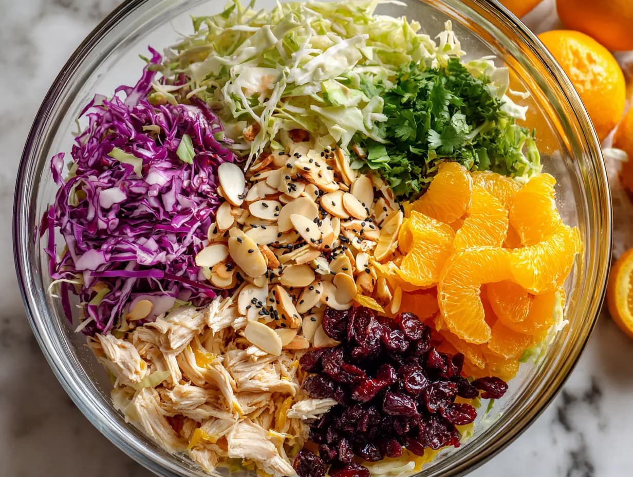Asian Chicken Cranberry Salad ingredients arranged in a glass bowl — shredded cabbage, rotisserie chicken, sliced almonds, cranberries, mandarin oranges, and cilantro before tossing