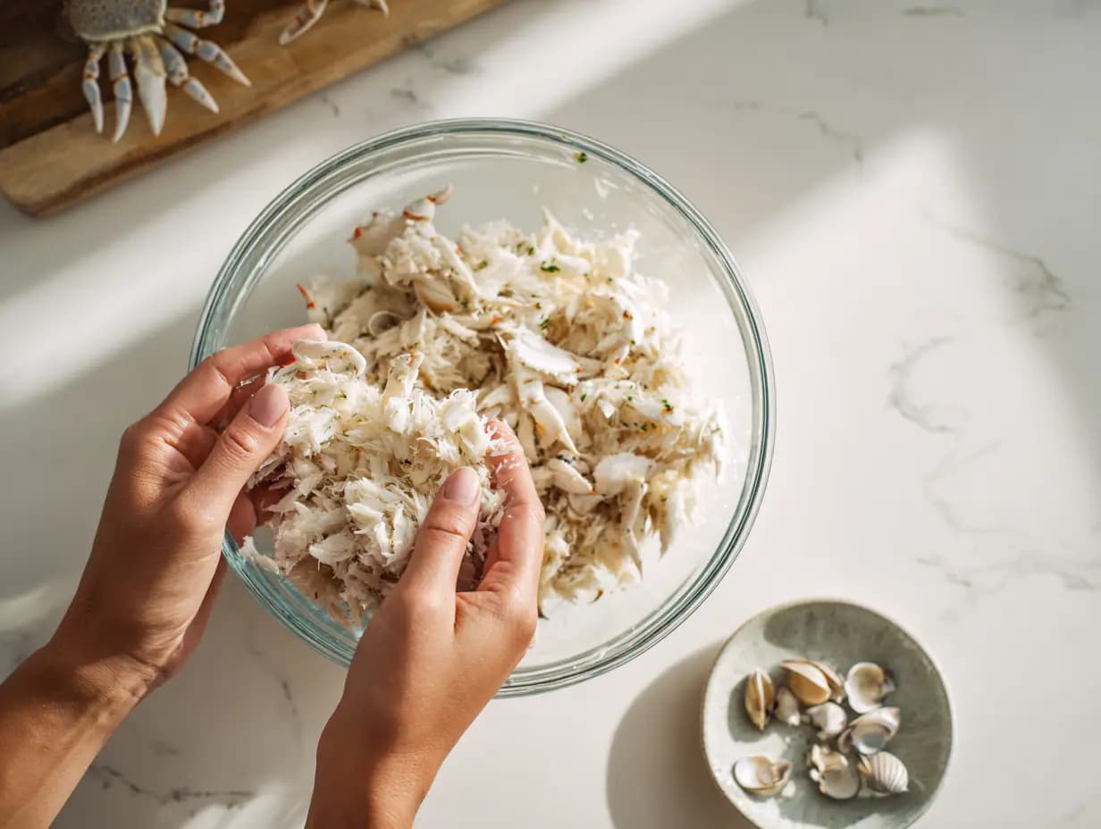 Hands checking lump crab meat for shells in a glass bowl