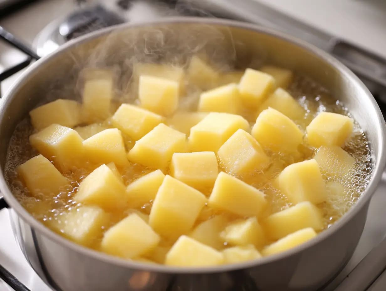 Cubed yellow potatoes boiling in salted water in a stainless steel pot