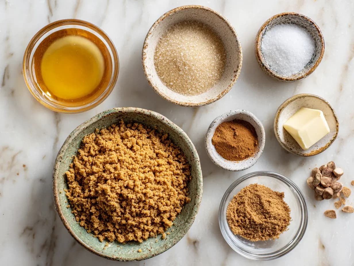 Top-down view of gingersnap crust ingredients arranged on a marble surface, including crushed gingersnap cookies, brown sugar, melted butter, cinnamon, and a pinch of salt, all styled in small ceramic bowls for a rustic fall baking vibe.
