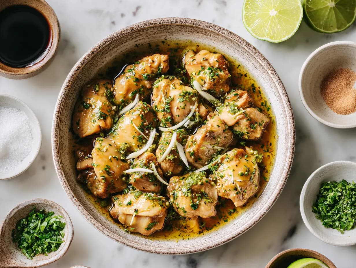 Top-down view of chicken thighs marinating in a lemongrass, garlic, and herb sauce, surrounded by small bowls of lime, soy sauce, sugar, and fresh herbs on a white marble surface.