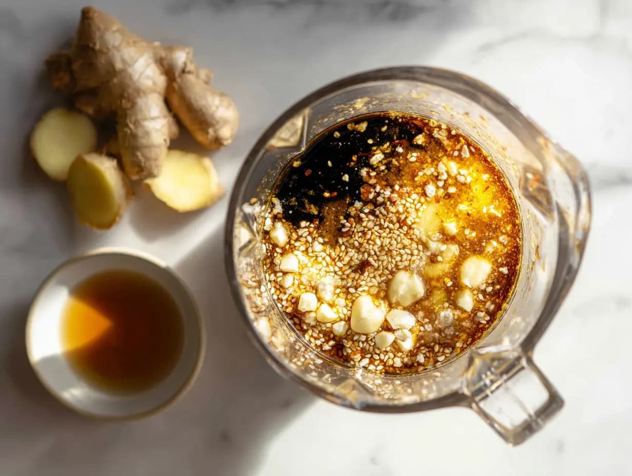 Ingredients for Asian sesame dressing in a blender jar with ginger, sesame seeds, garlic, honey, and soy sauce on marble surface before blending
