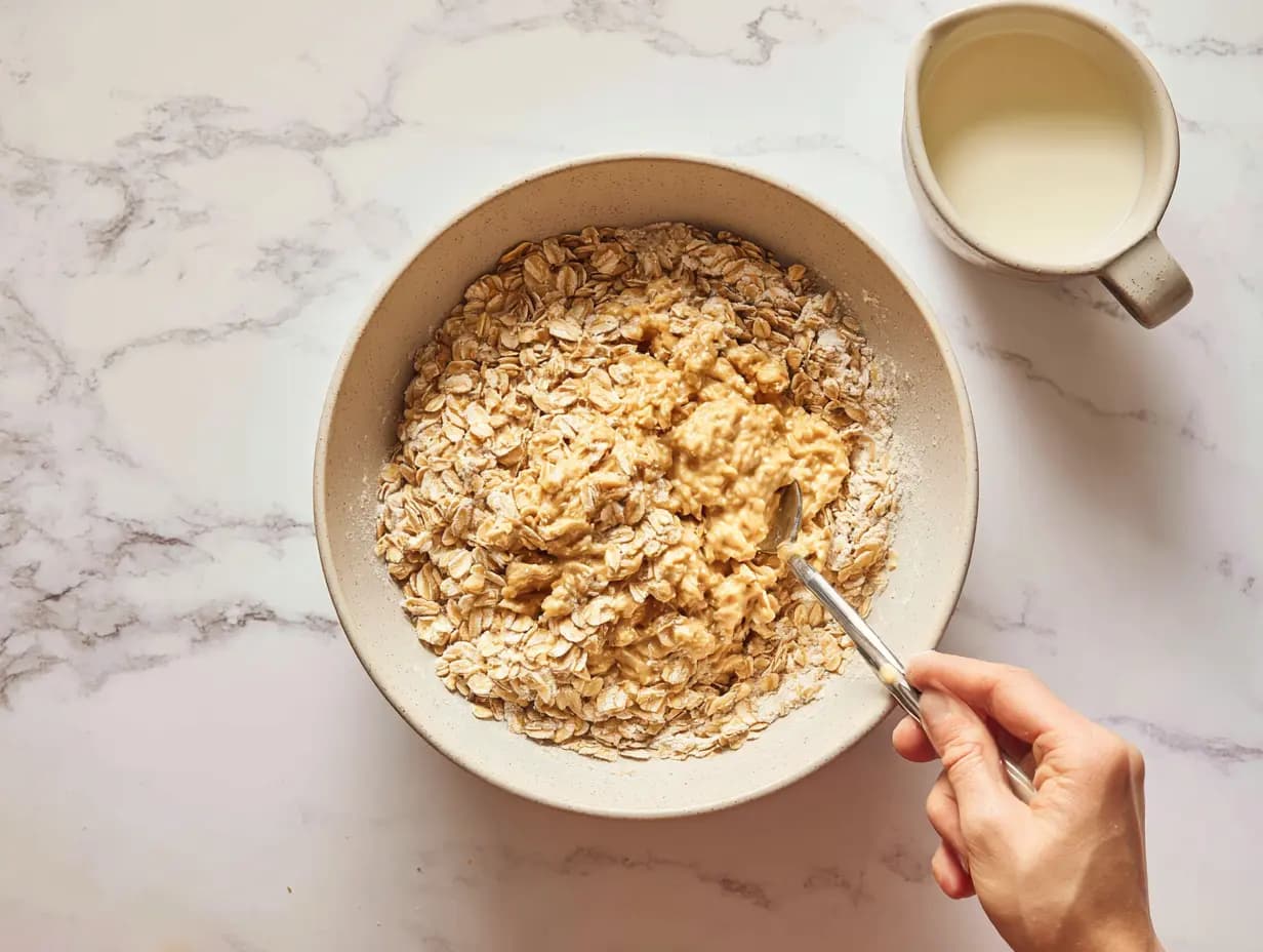Mixing rolled oats with blended cottage cheese mixture and milk in a bowl to form thick breakfast batter