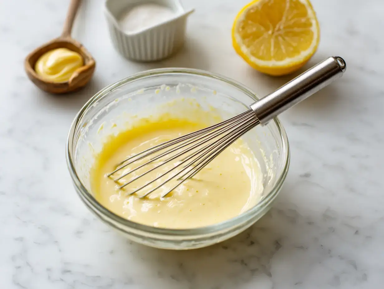 Whisking mayonnaise, mustard, egg, and lemon in a glass bowl