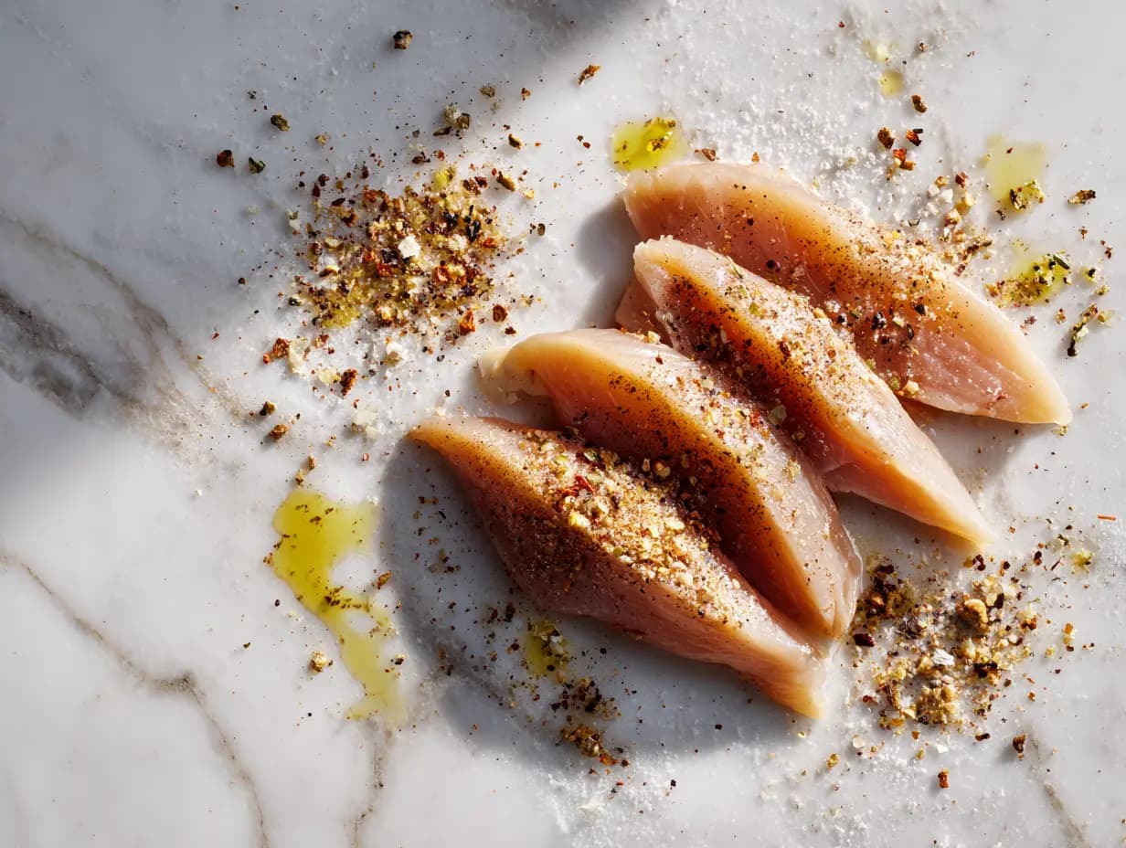 Raw chicken breast fillets sliced thin and seasoned with salt, pepper, garlic, and paprika on a white marble countertop with olive oil drizzle