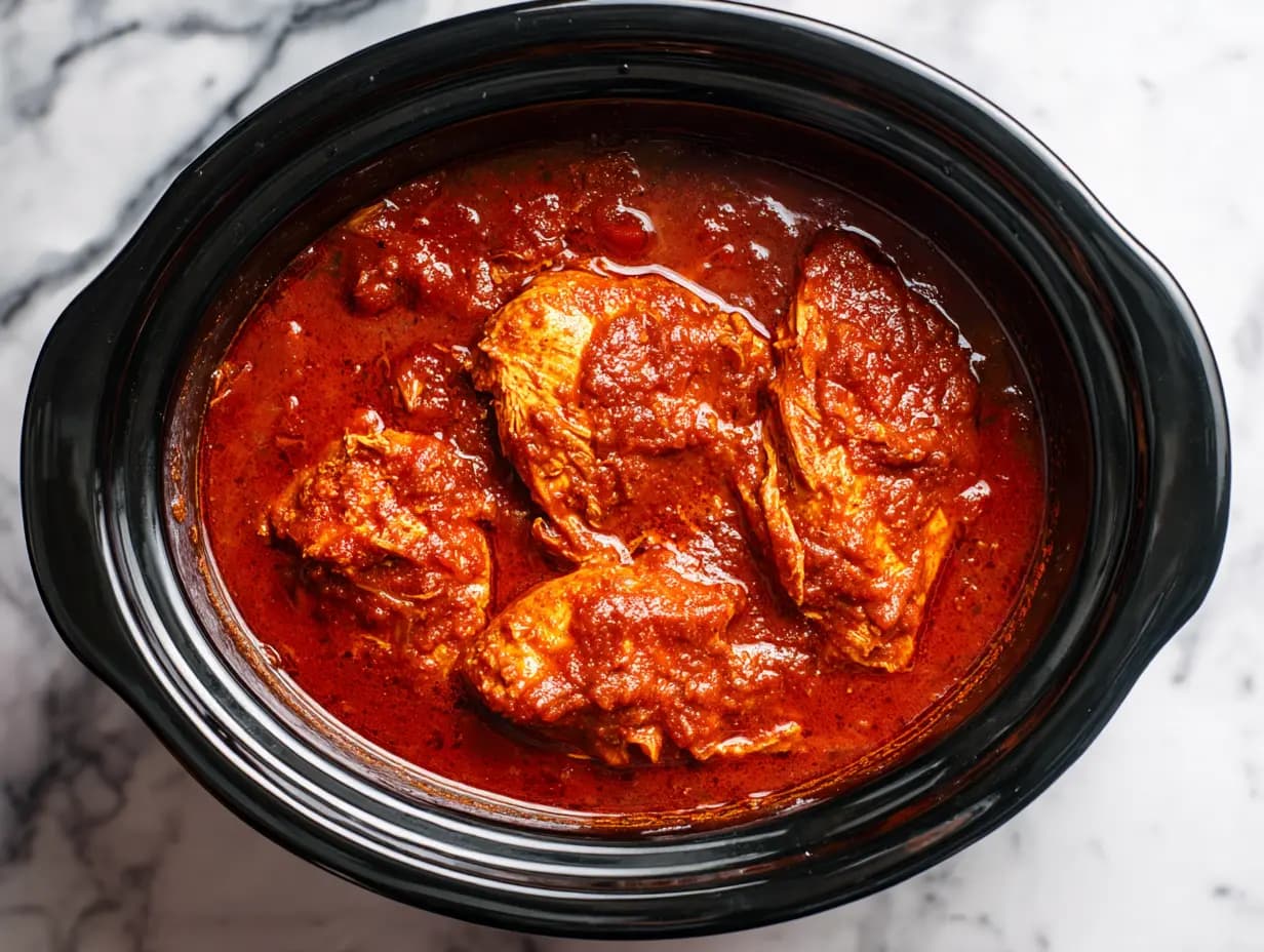fully cooked chicken breasts in tomato sauce in slow cooker