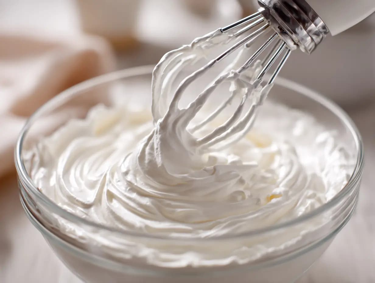 Stiff peaks formed in whipped egg whites, with a metal whisk lifted from a glass mixing bowl on a light kitchen surface