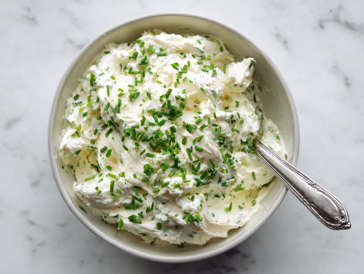 Creamy mixture of cream cheese, mozzarella, ranch seasoning, and chopped green onions in a bowl on a marble counter