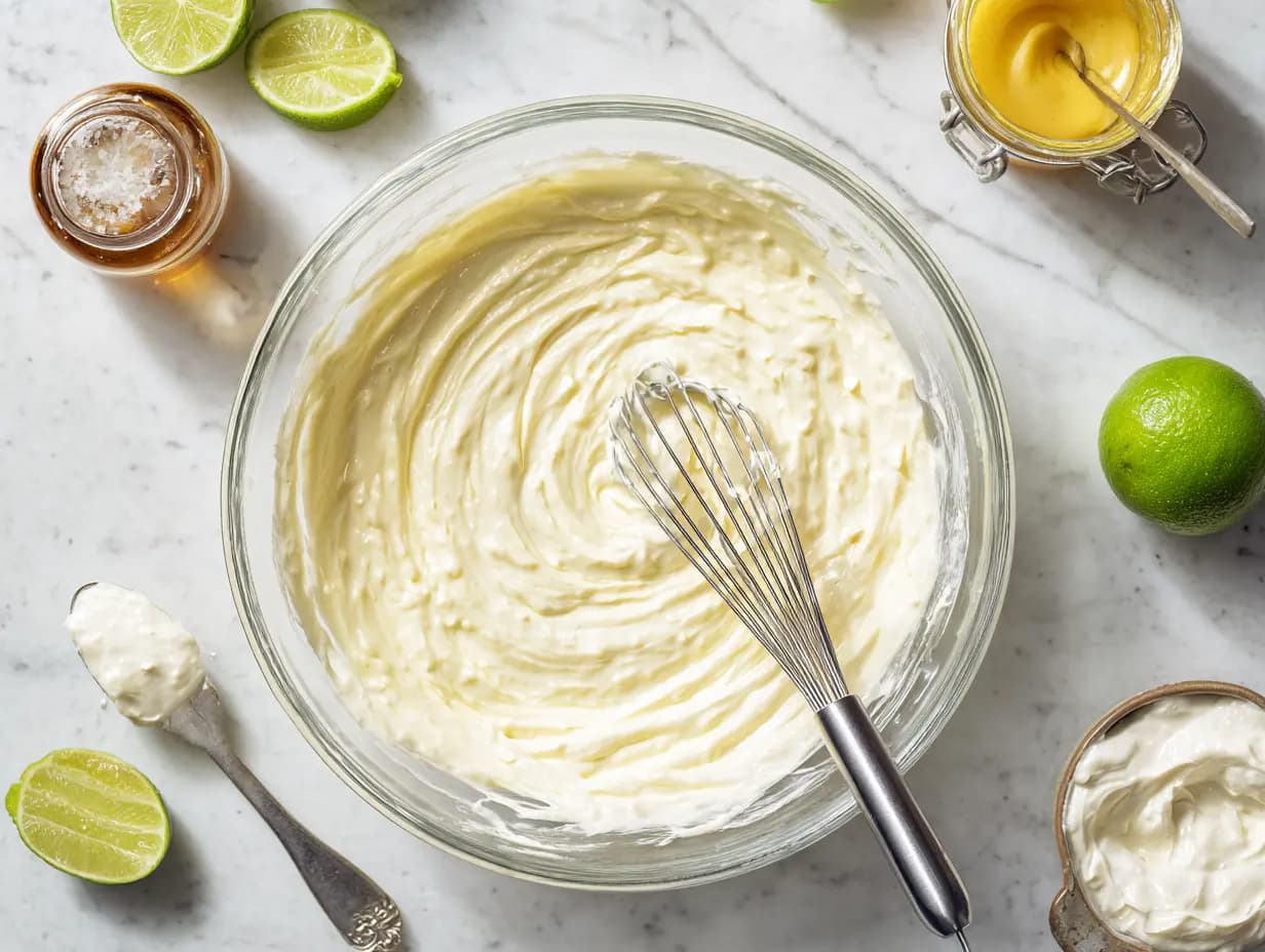Whisking creamy lime and mayo dressing for Mexican Chicken Salad in a glass bowl