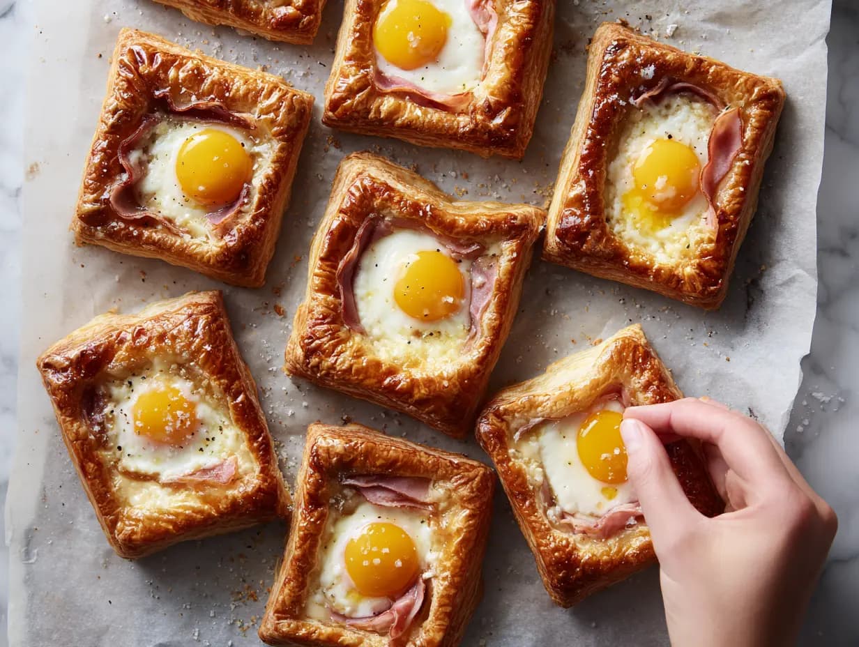 fresh eggs into baked puff pastry squares layered with ham and Gruyere cheese to make puff pastry Croque Madame