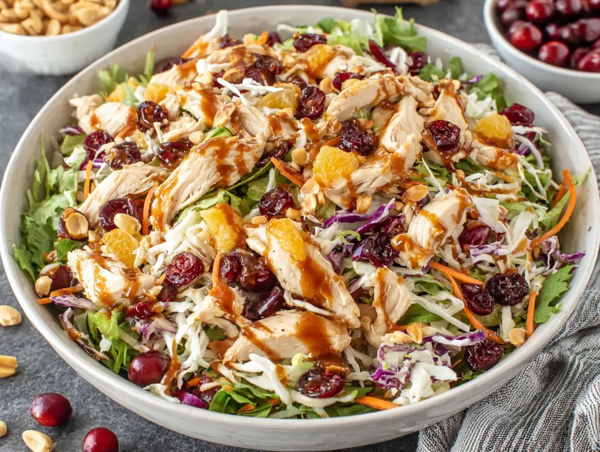 Asian Chicken Cranberry Salad served in a bowl with dressing drizzled on top, showing colorful cabbage, cranberries, chicken, and oranges ready to enjoy