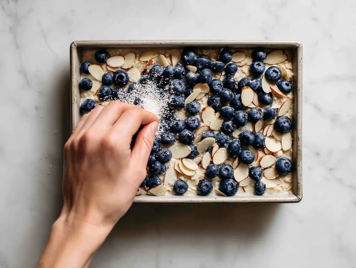 Topping cottage cheese oat batter with fresh blueberries, almond slices, and sugar