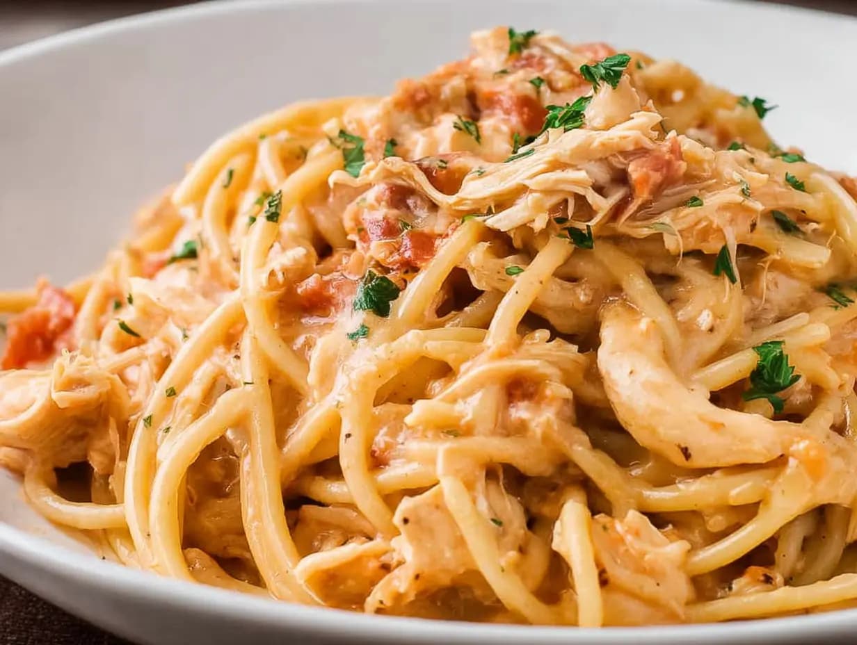 Creamy crockpot chicken spaghetti served in a white bowl with shredded chicken and melted cheese.