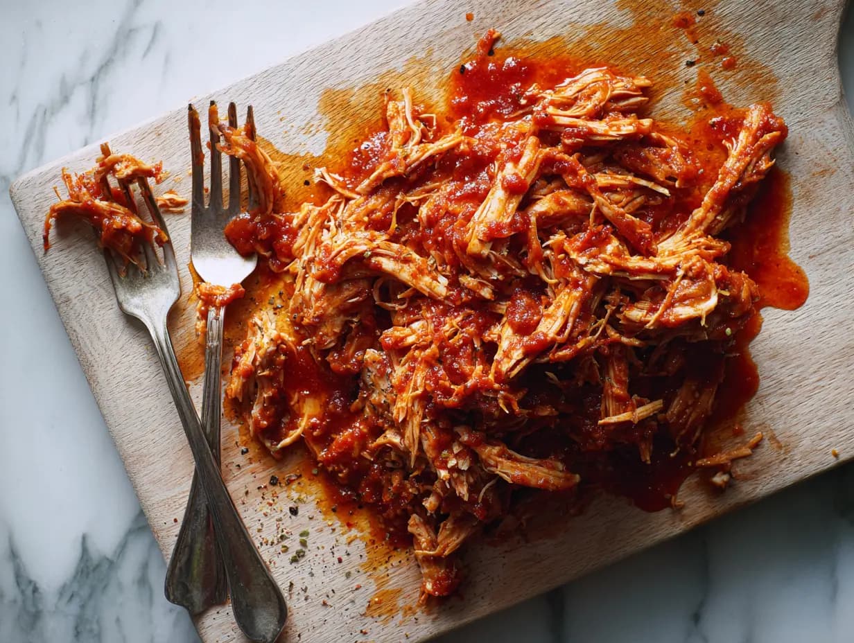 juicy shredded chicken coated in sauce on cutting board with forks