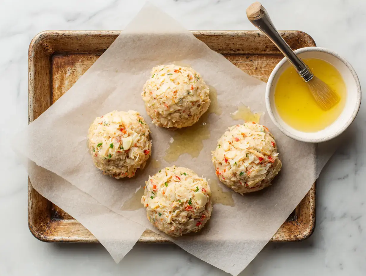 Formed crab bombs on parchment-lined tray with melted butter and brush
