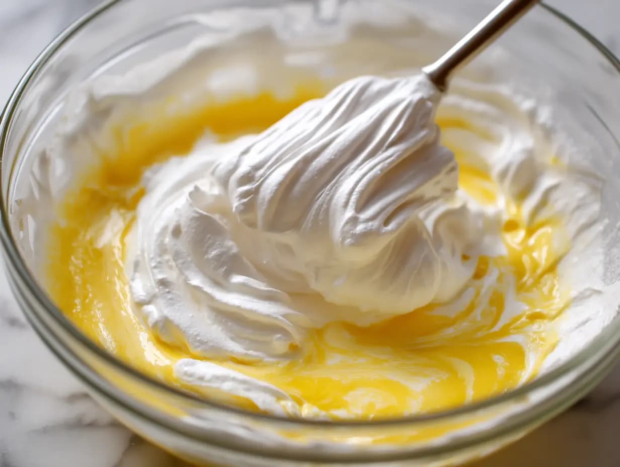 A spatula folding stiff whipped egg whites into a creamy yellow yolk mixture in a glass bowl on a marble countertop