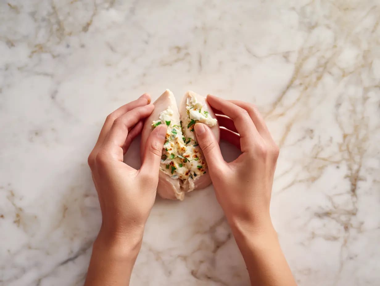 Stuffing chicken fillet with creamy mozzarella and ranch filling on marble counter