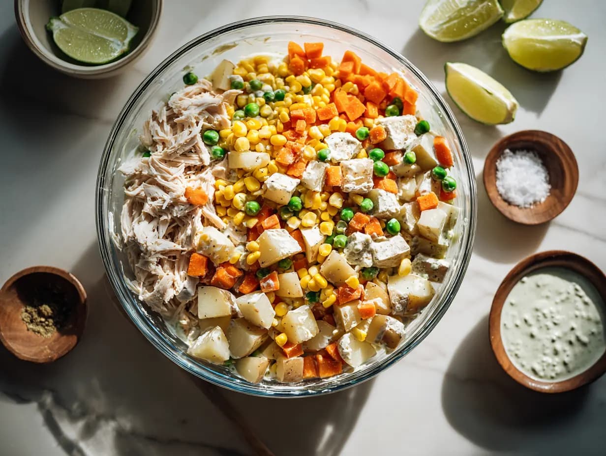 Unmixed Mexican Chicken Salad ingredients layered in a glass bowl: shredded chicken, potatoes, carrots, peas, and corn on creamy dressing