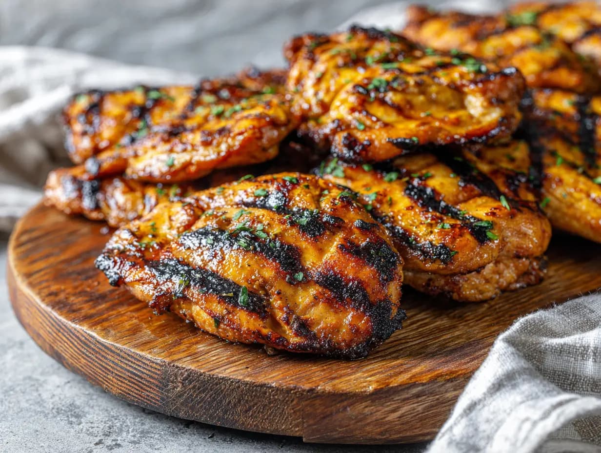 Close-up of grilled boneless chicken thighs with deep char marks and golden crust, resting on a wooden cutting board, glistening from a lemongrass marinade, styled in natural light with a rustic napkin beside.