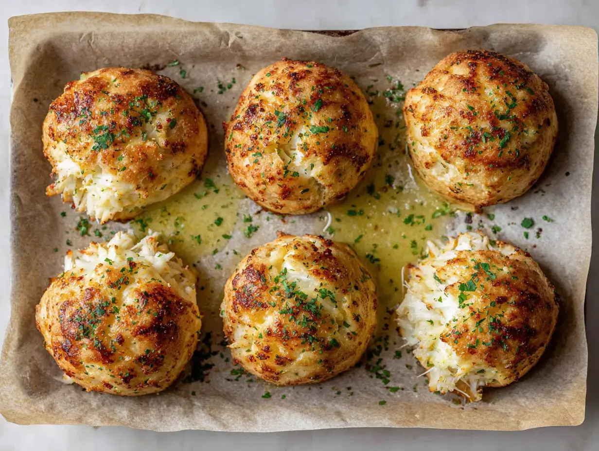 Baked crab bombs with golden tops and exposed crab meat