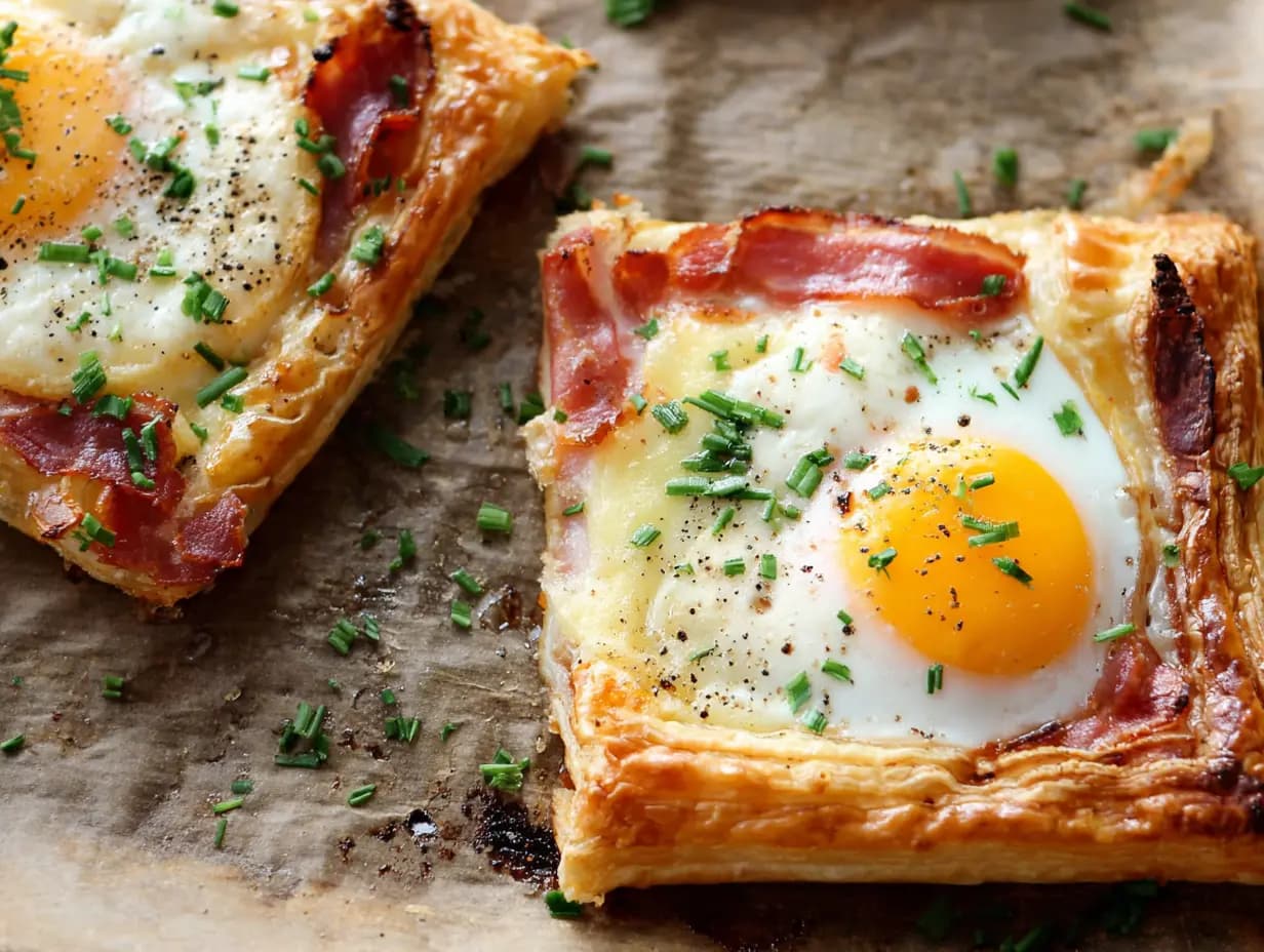 Finished puff pastry Croque Madame topped with chives, ham, and melted Gruyere cheese on a golden flaky crust