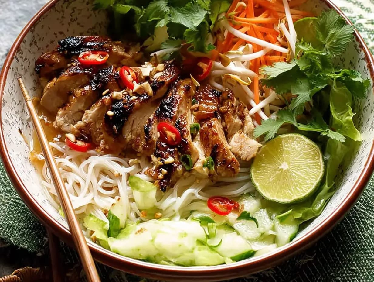 Top-down view of a fully assembled Vietnamese Chicken Noodle Bowl with grilled lemongrass chicken, vermicelli noodles, cucumber, carrots, bean sprouts, herbs, and lime, styled with chopsticks and natural lighting