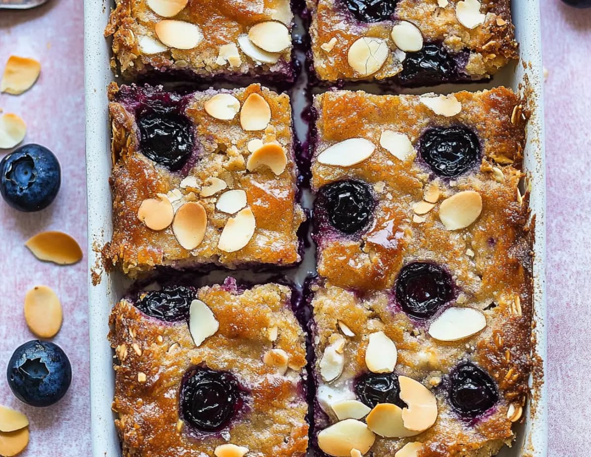 Sliced blueberry cottage cheese breakfast bake with golden crust and toasted almonds
