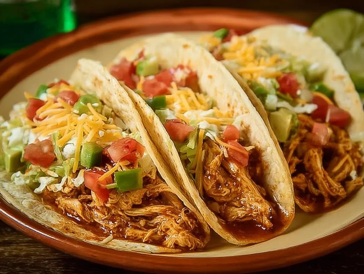 tender crockpot chicken tacos topped with lettuce, tomato, and cheese on a plate