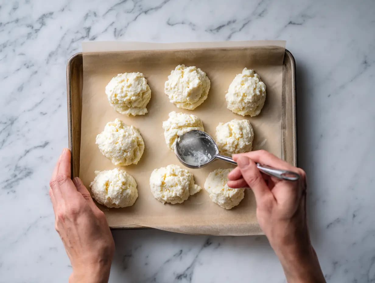 A spoon shaping fluffy cloud bread batter into small rounds on a parchment-lined baking sheet, overhead view on a marble counter