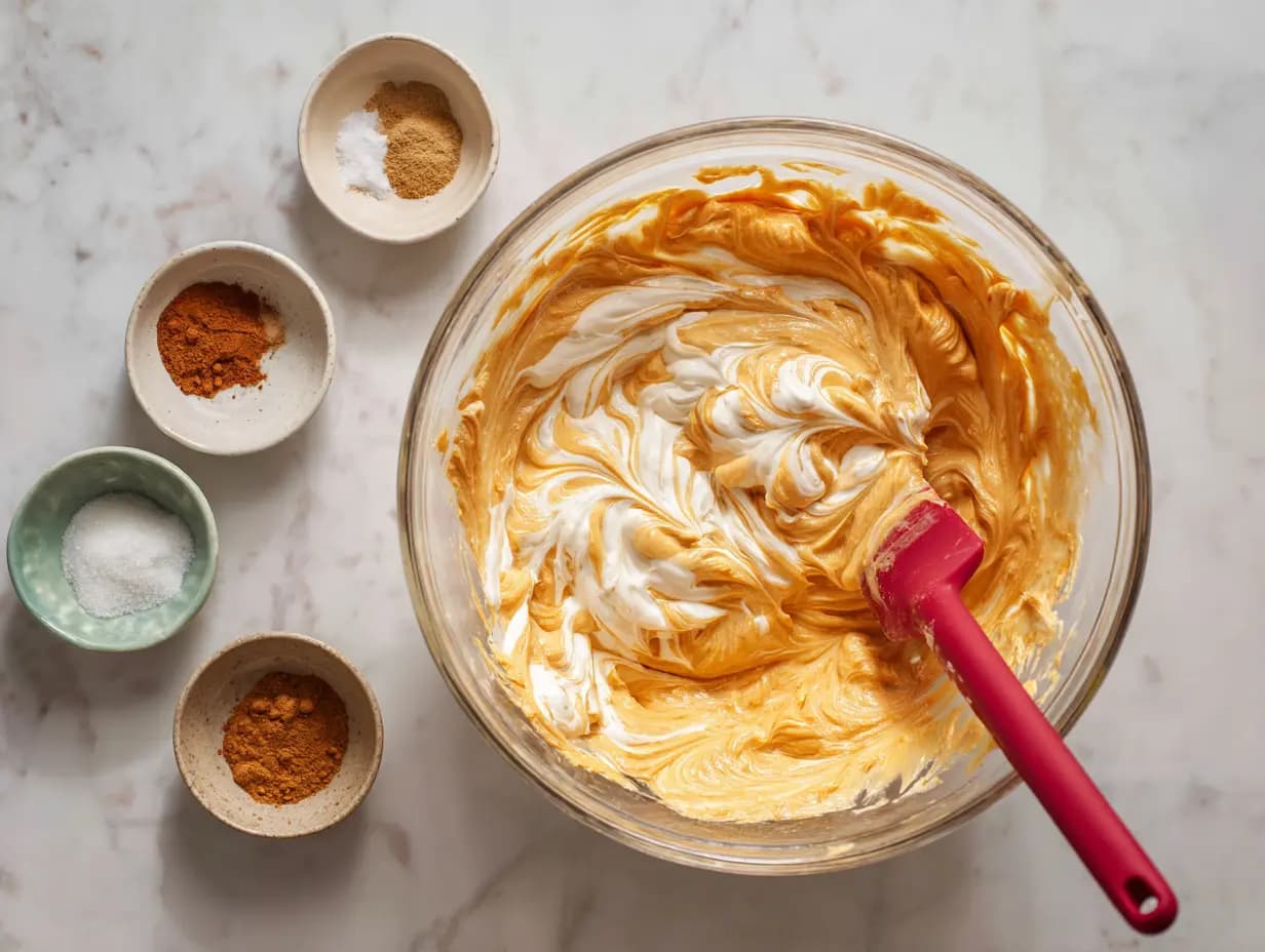 Pumpkin cheesecake filling being mixed with whipped cream and spices in a glass bowl for a no bake pumpkin cheesecake.