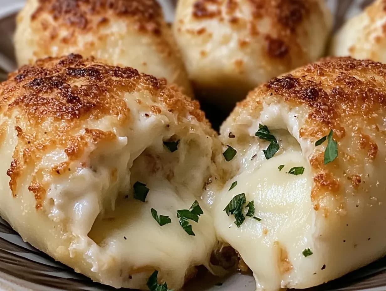 Melted Mozzarella and Ranch Chicken Bombs served hot with gooey cheese center