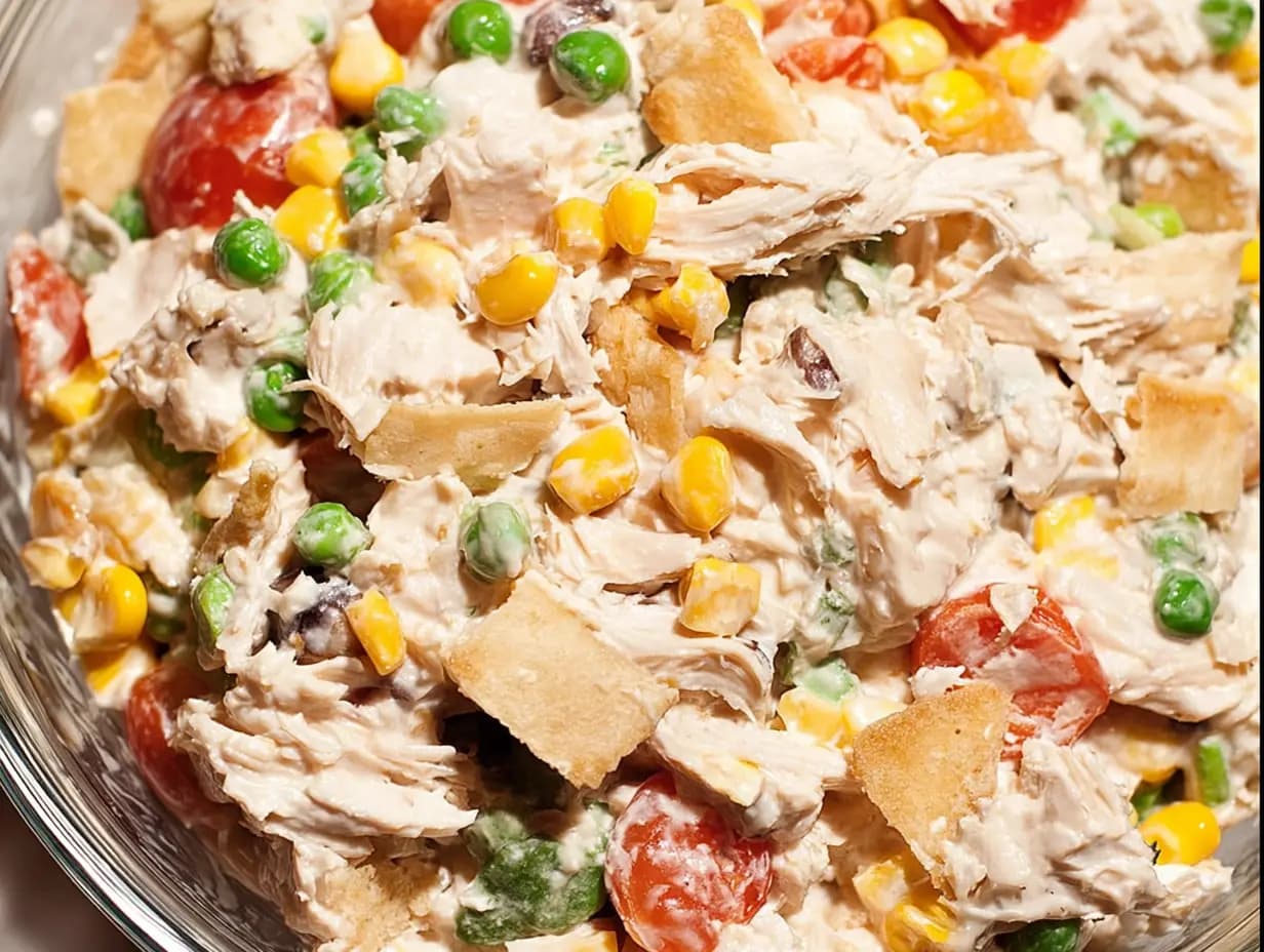 Mexican Chicken Salad served in a bowl with peas, corn, and crispy tortilla chips