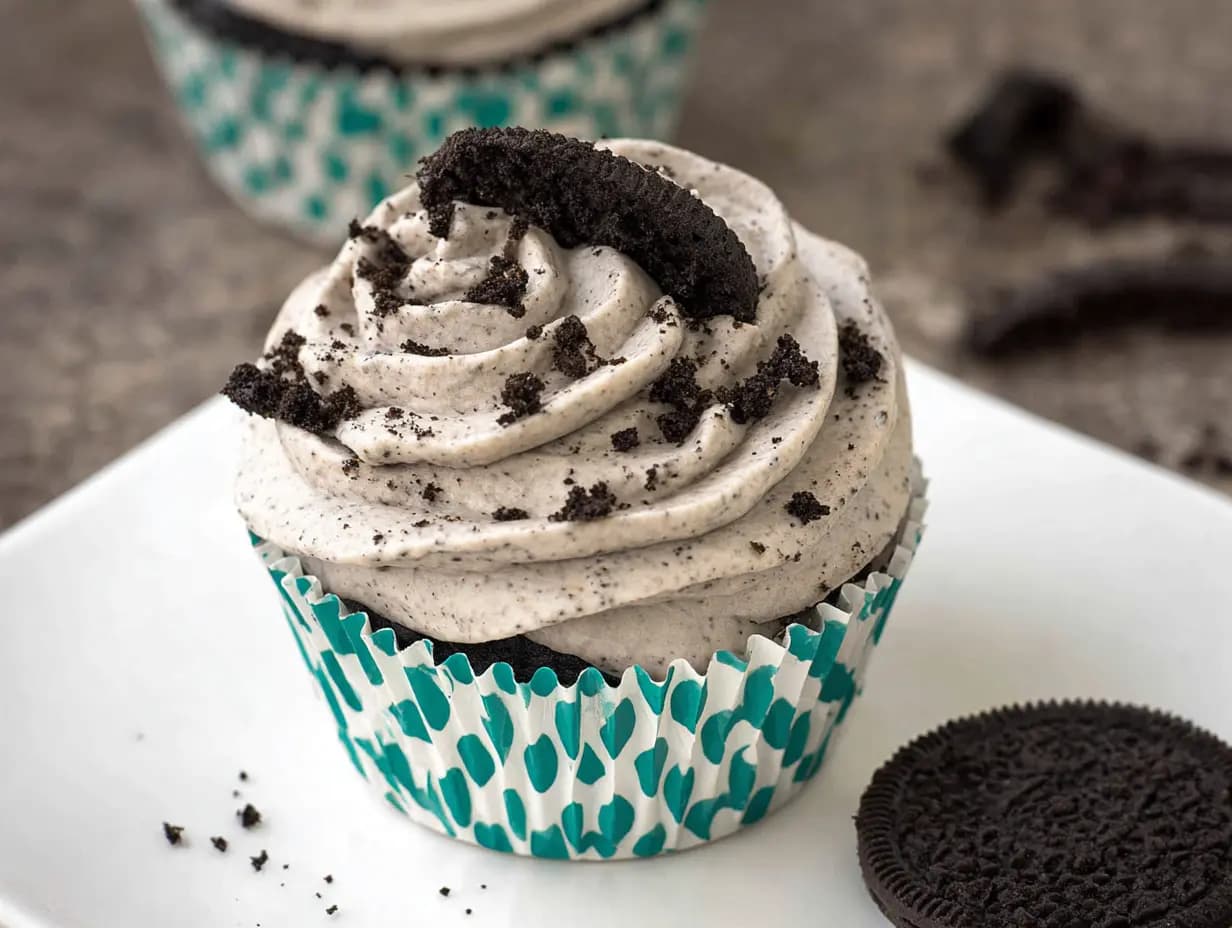 Oreo cream cheese frosting piped onto a chocolate cupcake with crushed Oreo topping