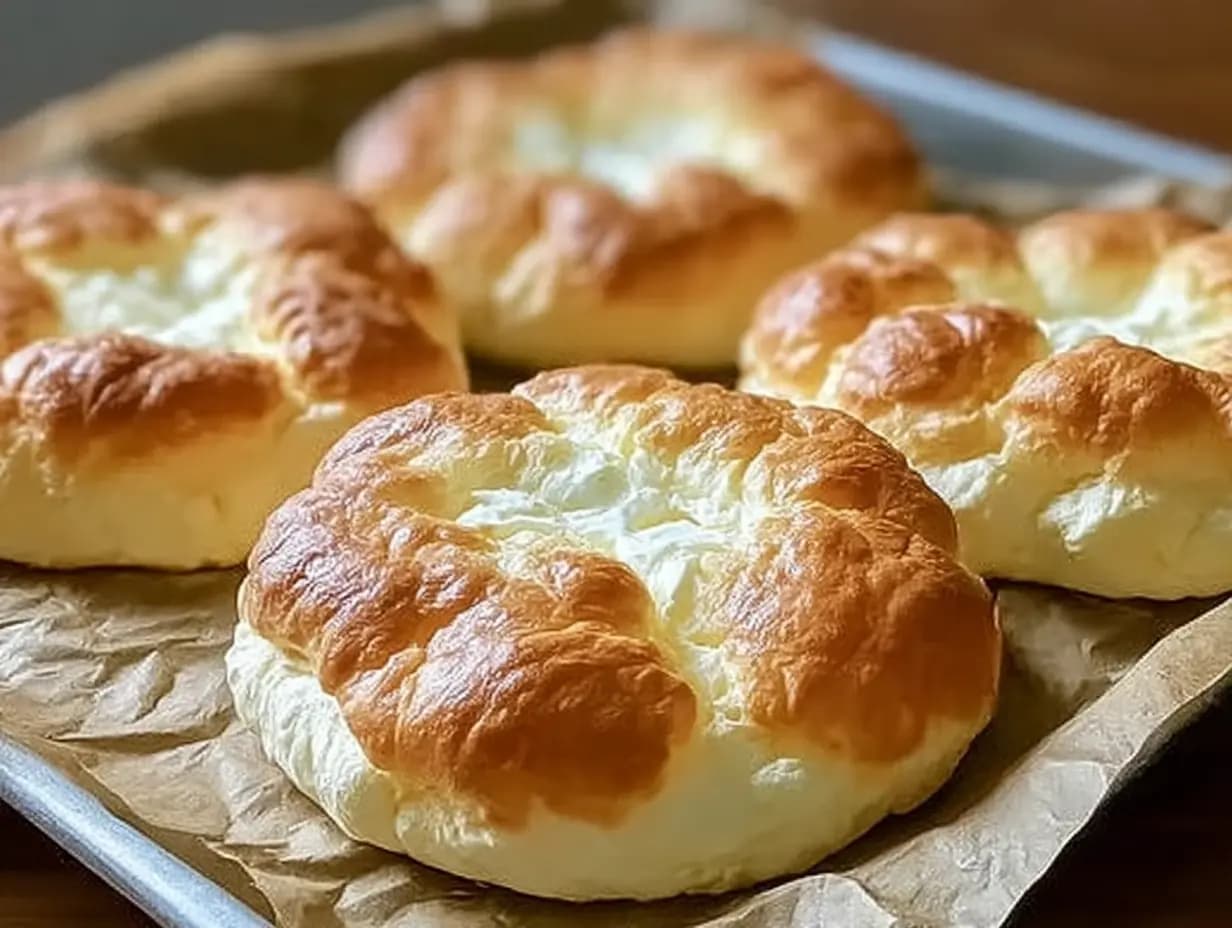 Freshly baked cloud bread rounds with golden tops on a parchment-lined baking tray, light and fluffy texture visible