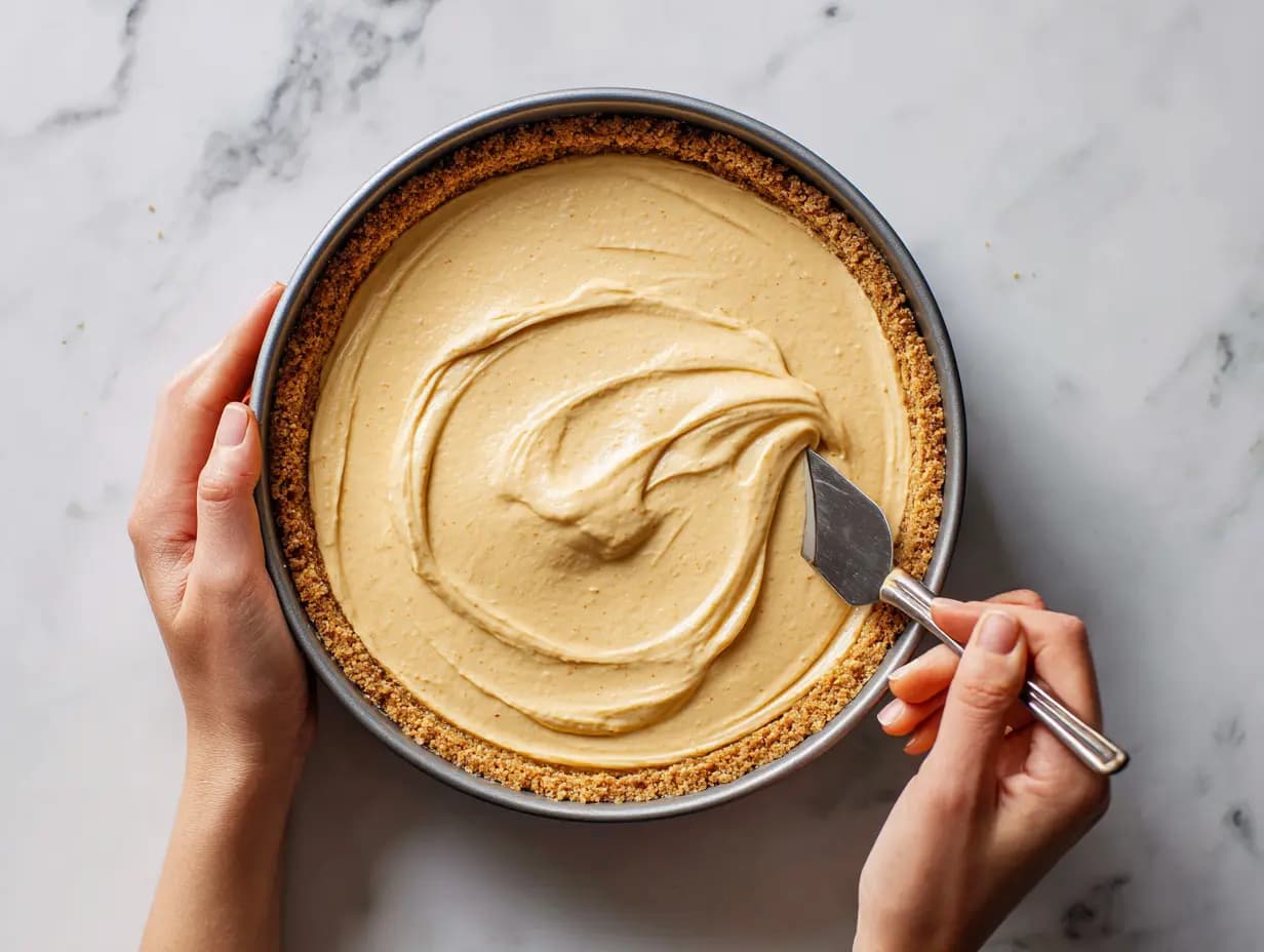 Pumpkin cheesecake batter being spread into gingersnap crust with a spatula inside a springform pan