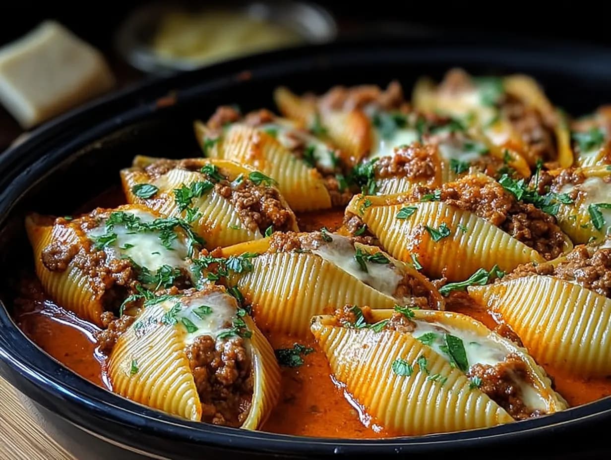 Served beef stuffed shells with ricotta filling and melted cheese in baking dish