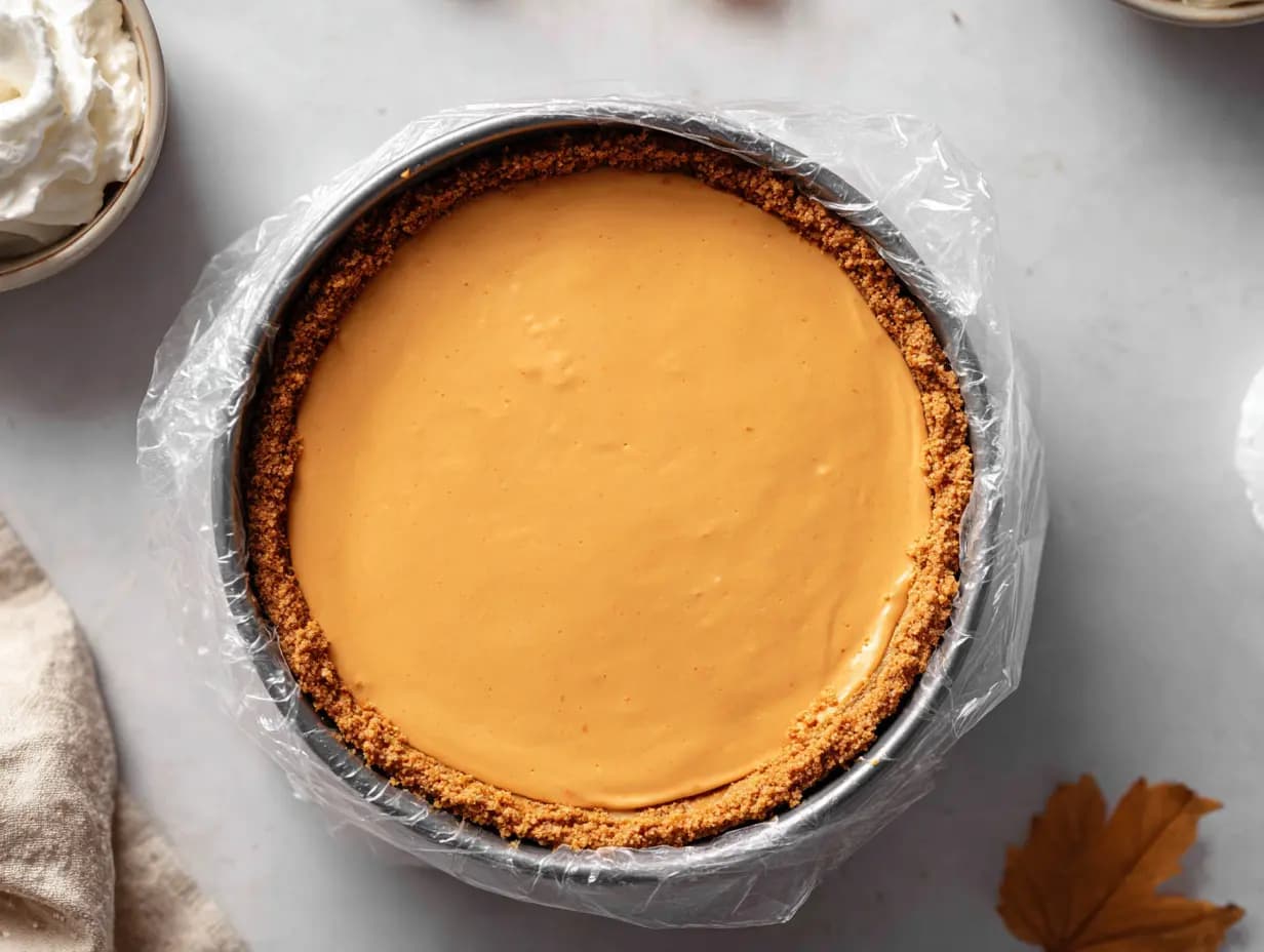 No bake pumpkin cheesecake chilling in pan wrapped with plastic on light background, ready to set overnight